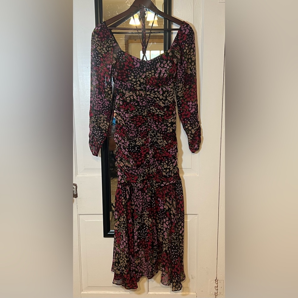 Astr Floral Midi Dress in Black with Pink & Green Accents - Picture 6 of 7